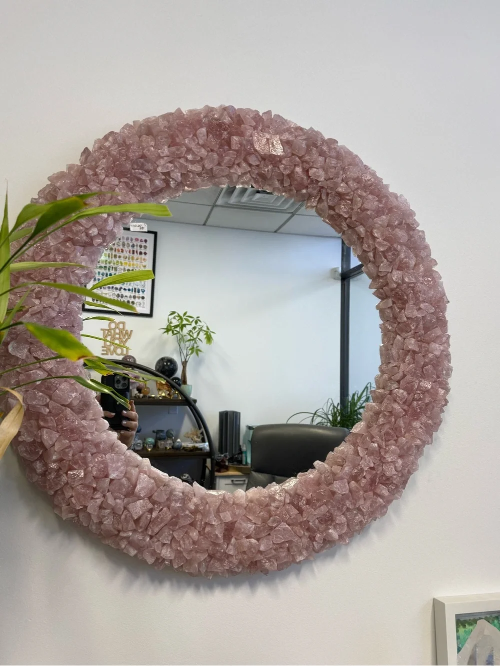 Rose Quartz Crystal Round Wall Mirror - Pink Decorative Mirror